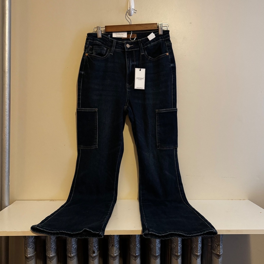 NWT Judy Blue 7/28 High Waist Cargo Wide Leg Jeans Dark Wash Denim Pockets